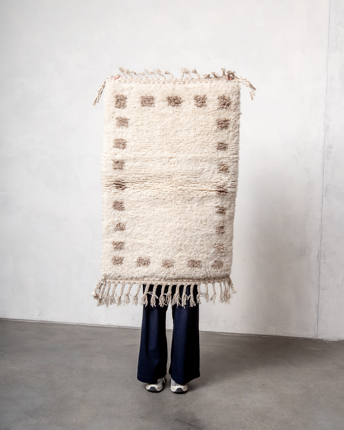 Modern, designer, handcrafted Berber rug from Morocco. Beniourain carpet with beautiful colours and patterns and fluffy wool texture.